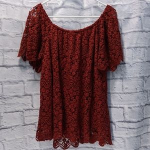 Burgundy wine red lace crochet off-shoulder top
